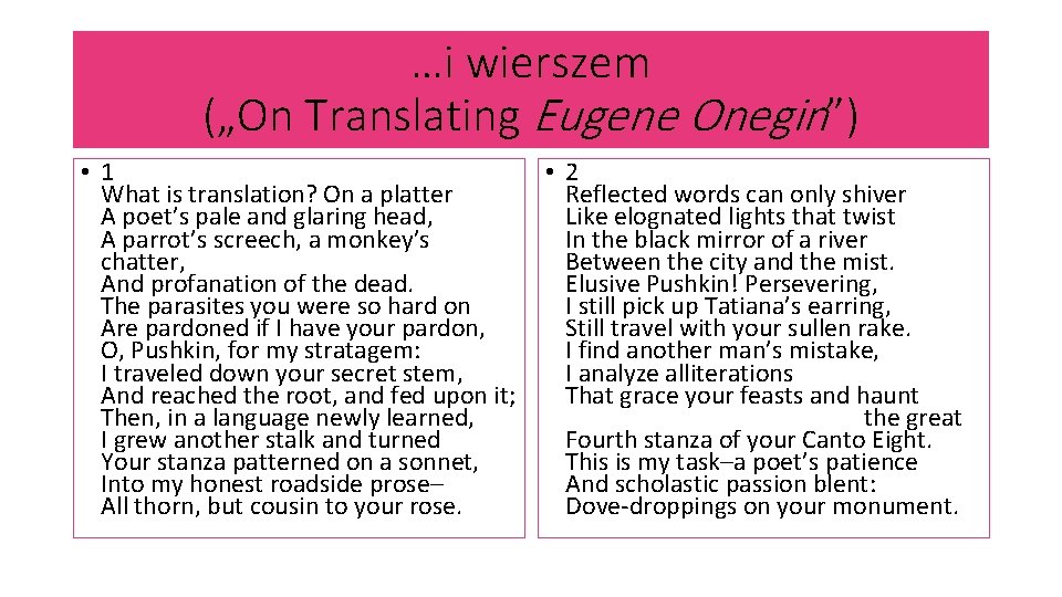…i wierszem („On Translating Eugene Onegin”) • 1 What is translation? On a platter
