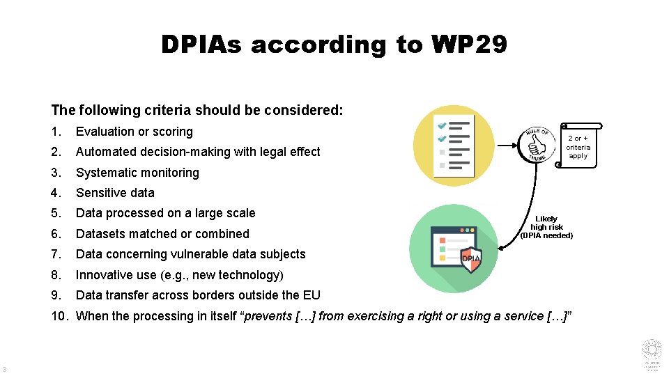 DPIAs according to WP 29 The following criteria should be considered: 1. Evaluation or