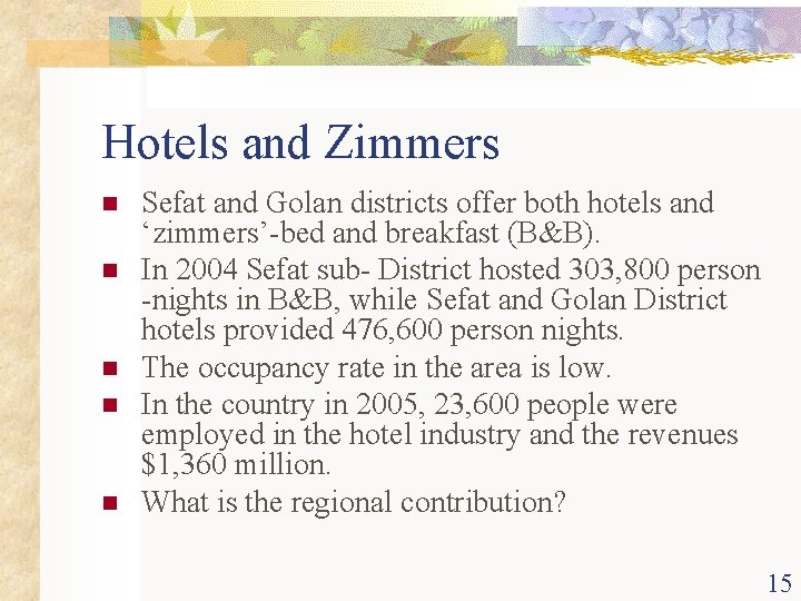 Hotels and Zimmers n n n Sefat and Golan districts offer both hotels and