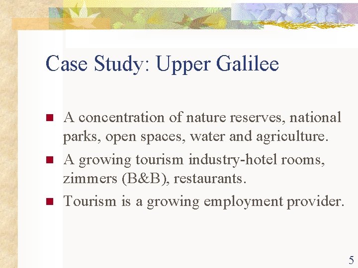 Case Study: Upper Galilee n n n A concentration of nature reserves, national parks,