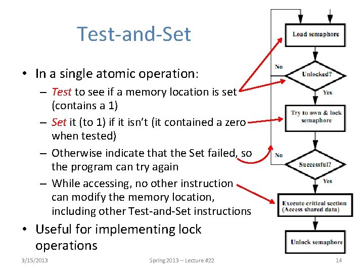 Test-and-Set • In a single atomic operation: – Test to see if a memory