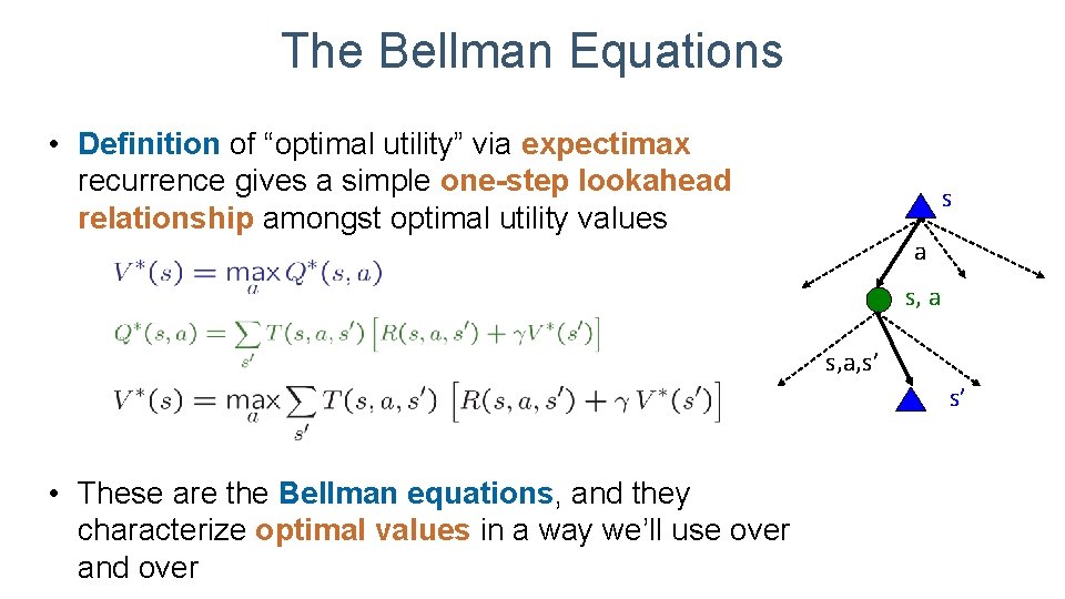 The Bellman Equations • Definition of “optimal utility” via expectimax recurrence gives a simple