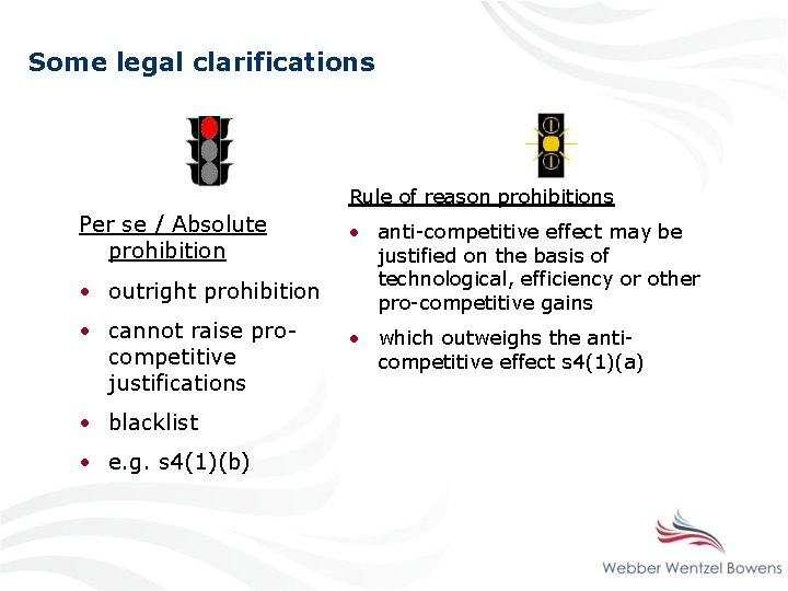 Some legal clarifications Rule of reason prohibitions Per se / Absolute prohibition • outright