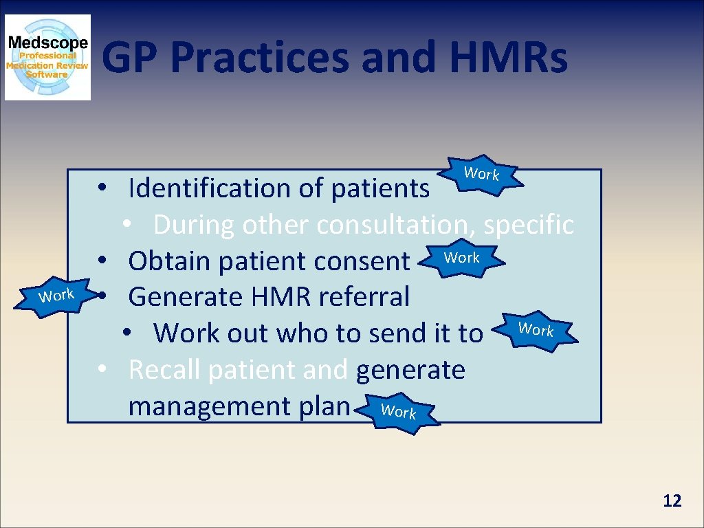 GP Practices and HMRs Work • Identification of patients • During other consultation, specific