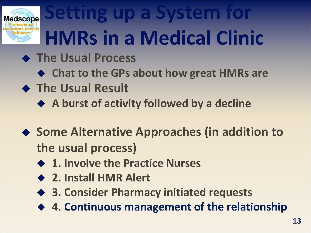 Setting up a System for HMRs in a Medical Clinic u The Usual Process