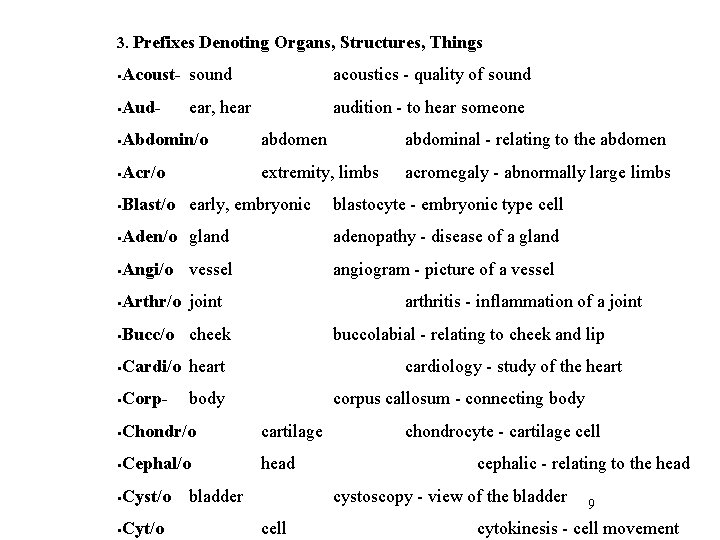 3. Prefixes Denoting Organs, Structures, Things Acoust- sound acoustics - quality of sound Aud-