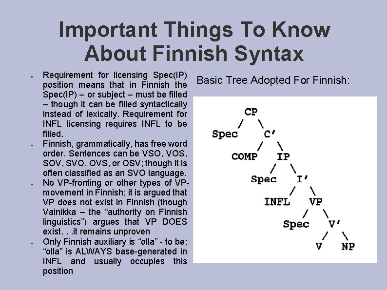 Important Things To Know About Finnish Syntax ● ● Requirement for licensing Spec(IP) position Important Things To Know About Finnish Syntax ● ● Requirement for licensing Spec(IP) position
