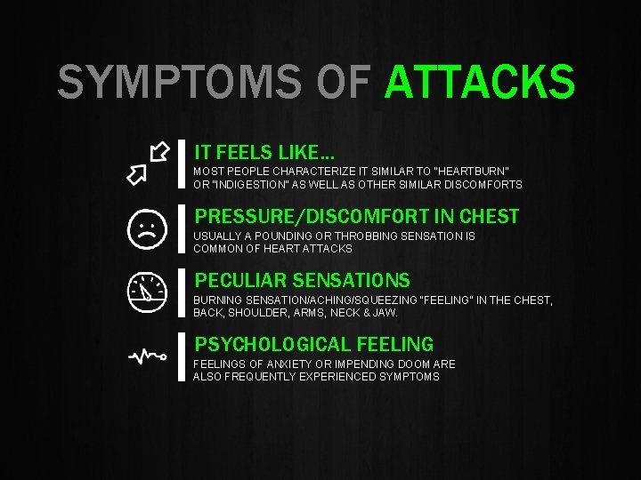 SYMPTOMS OF ATTACKS IT FEELS LIKE… MOST PEOPLE CHARACTERIZE IT SIMILAR TO “HEARTBURN” OR