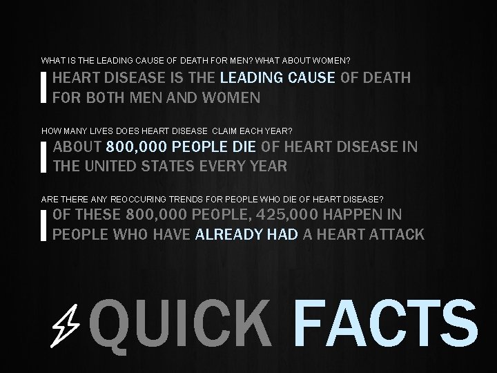 WHAT IS THE LEADING CAUSE OF DEATH FOR MEN? WHAT ABOUT WOMEN? HEART DISEASE