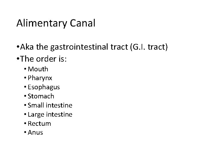 Alimentary Canal • Aka the gastrointestinal tract (G. I. tract) • The order is: