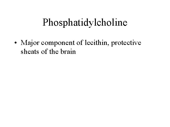 Phosphatidylcholine • Major component of lecithin, protective sheats of the brain 