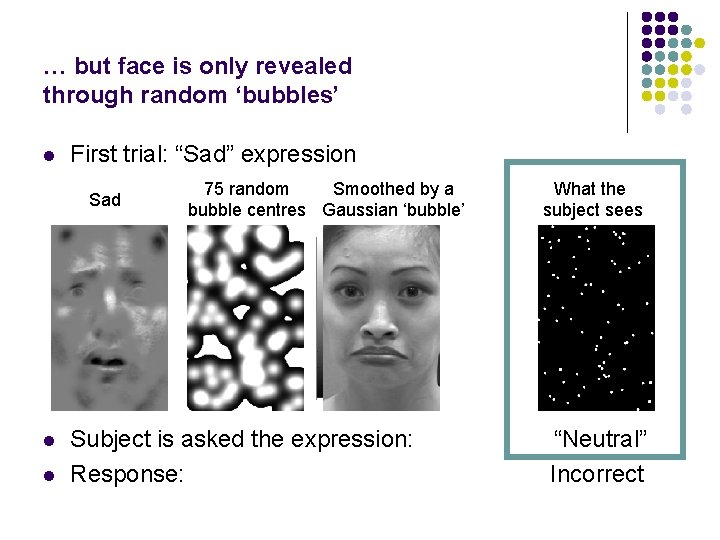 … but face is only revealed through random ‘bubbles’ l First trial: “Sad” expression
