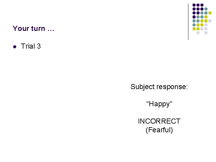 Your turn … l Trial 3 Subject response: “Happy” INCORRECT (Fearful) 