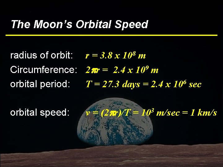 The Moon’s Orbital Speed radius of orbit: r = 3. 8 x 108 m