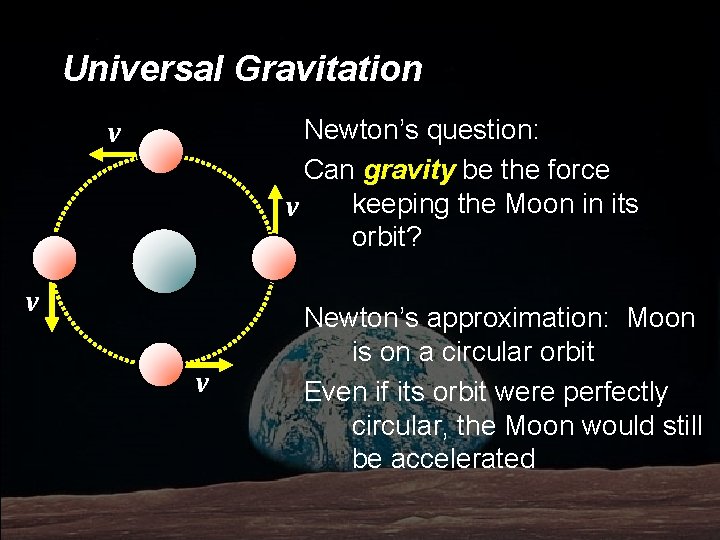 Universal Gravitation Newton’s question: Can gravity be the force keeping the Moon in its
