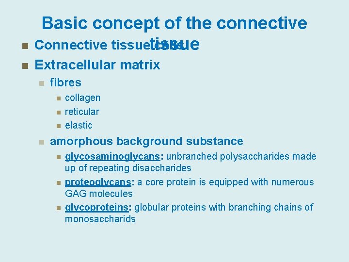n Basic concept of the connective Connective tissue cells n Extracellular matrix n fibres