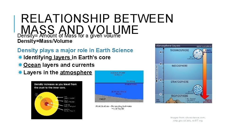 RELATIONSHIP BETWEEN MASS AND VOLUME Density= Amount of Mass for a given volume Density=Mass/Volume