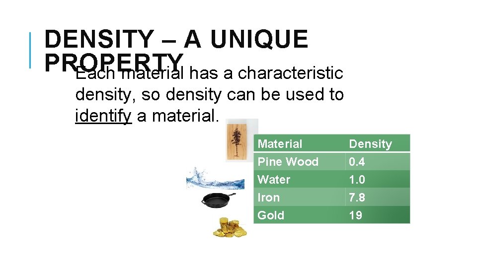 DENSITY – A UNIQUE PROPERTY Each material has a characteristic density, so density can