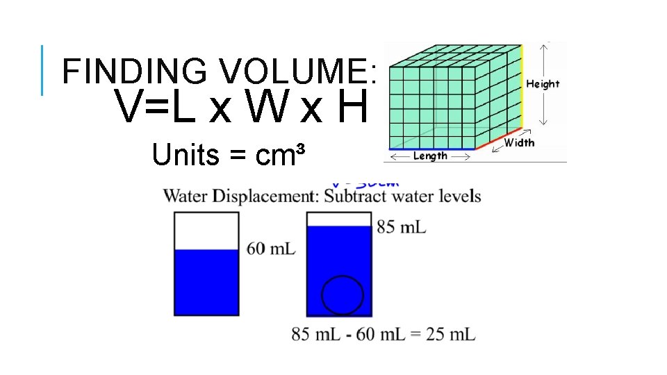 FINDING VOLUME: V=L x W x H Units = cm³ 