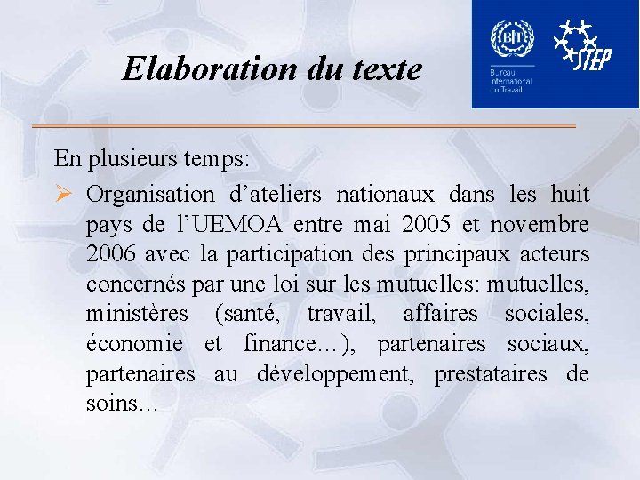 Elaboration du texte En plusieurs temps: Ø Organisation d’ateliers nationaux dans les huit pays