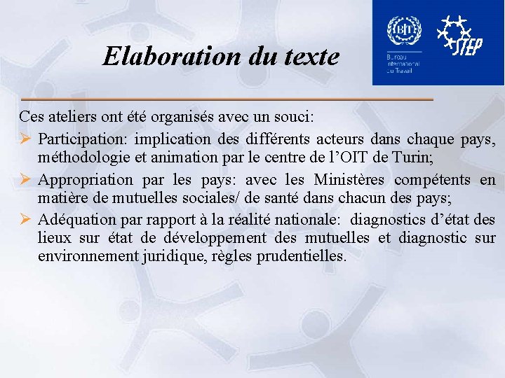 Elaboration du texte Ces ateliers ont été organisés avec un souci: Ø Participation: implication