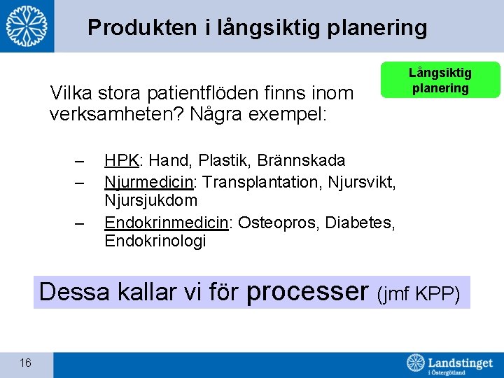 Produkten i långsiktig planering Vilka stora patientflöden finns inom verksamheten? Några exempel: – –