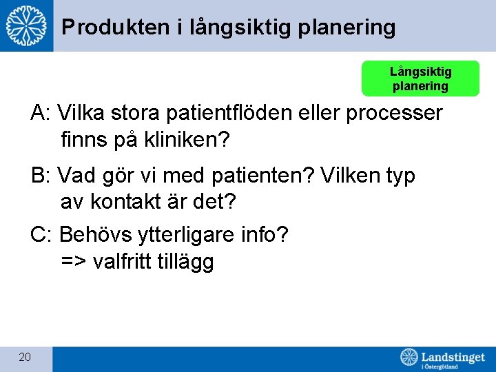 Produkten i långsiktig planering Långsiktig planering A: Vilka stora patientflöden eller processer finns på