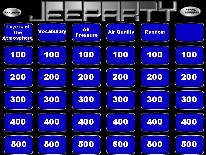 Layers of the Atmosphere Vocabulary Air Pressure Air Quality Random 100 100 100 200