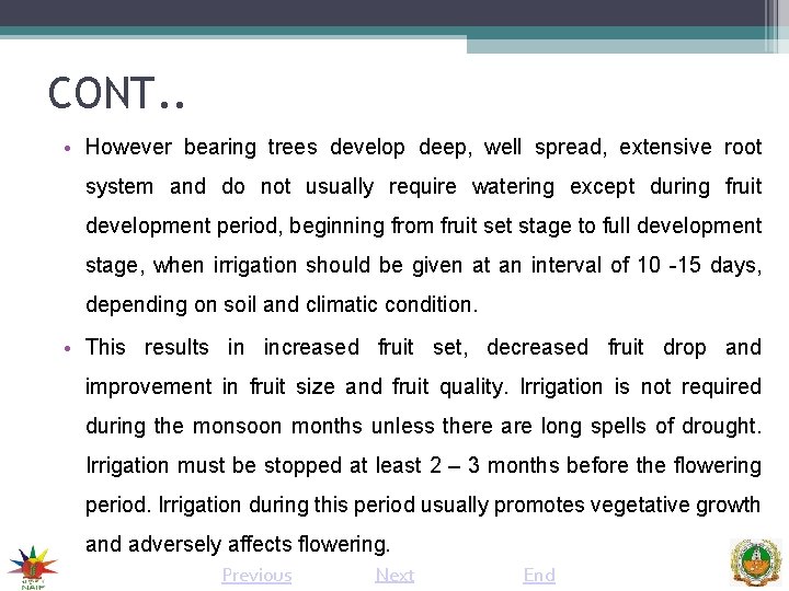 CONT. . • However bearing trees develop deep, well spread, extensive root system and