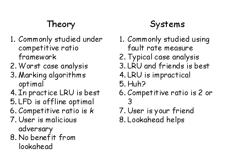 Theory 1. Commonly studied under competitive ratio framework 2. Worst case analysis 3. Marking