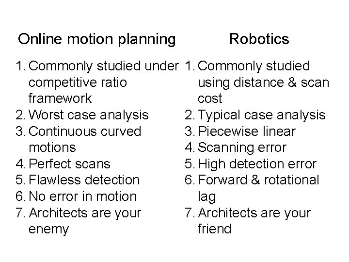 Online motion planning Robotics 1. Commonly studied under competitive ratio framework 2. Worst case