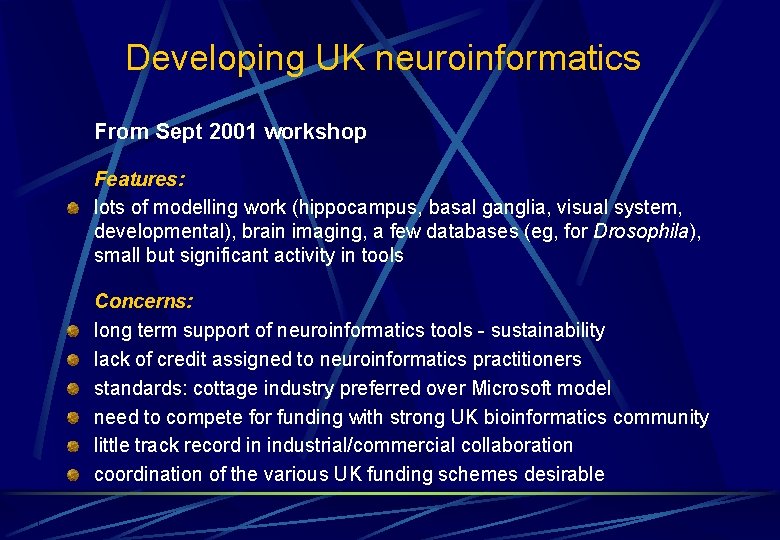 Developing UK neuroinformatics From Sept 2001 workshop Features: lots of modelling work (hippocampus, basal Developing UK neuroinformatics From Sept 2001 workshop Features: lots of modelling work (hippocampus, basal