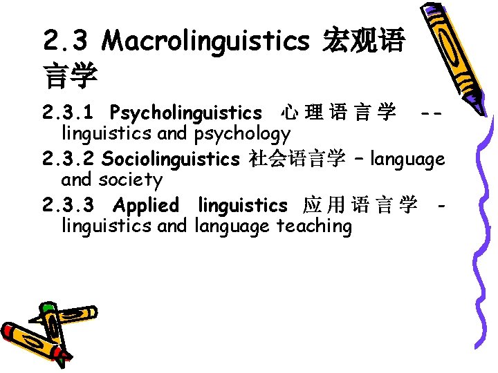 2. 3 Macrolinguistics 宏观语 言学 2. 3. 1 Psycholinguistics 心 理 语 言 学