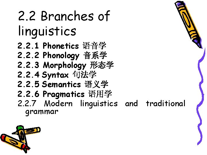 2. 2 Branches of linguistics 2. 2. 1 Phonetics 语音学 2. 2. 2 Phonology