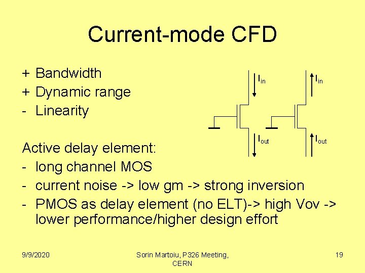 Current-mode CFD + Bandwidth + Dynamic range - Linearity Iin Iout Active delay element: