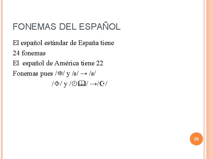 FONEMAS DEL ESPAÑOL El español estándar de España tiene 24 fonemas El español de