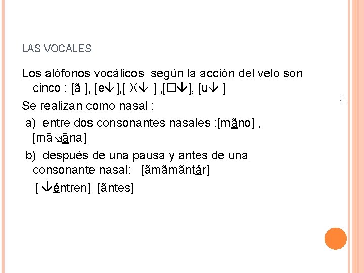 LAS VOCALES 37 Los alófonos vocálicos según la acción del velo son cinco :