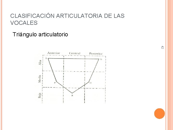 CLASIFICACIÓN ARTICULATORIA DE LAS VOCALES Triángulo articulatorio 42 