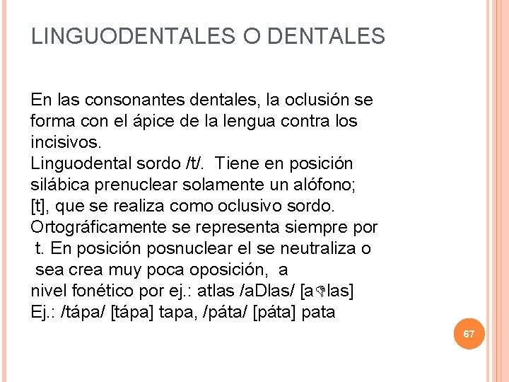 LINGUODENTALES O DENTALES En las consonantes dentales, la oclusión se forma con el ápice