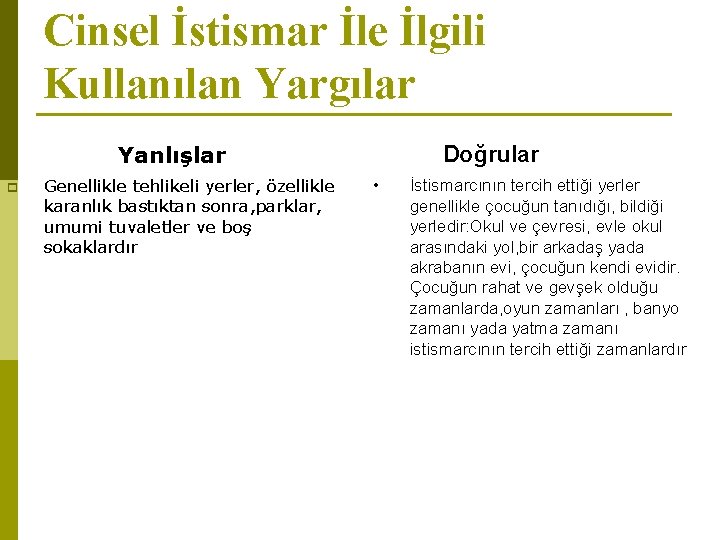 Cinsel İstismar İle İlgili Kullanılan Yargılar Yanlışlar p Genellikle tehlikeli yerler, özellikle karanlık bastıktan