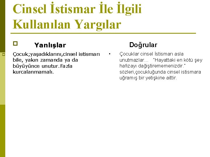 Cinsel İstismar İle İlgili Kullanılan Yargılar p p Yanlışlar Çocuk; yaşadıklarını, cinsel istismarı bile,