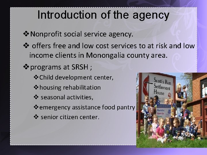Introduction of the agency v. Nonprofit social service agency. v offers free and low