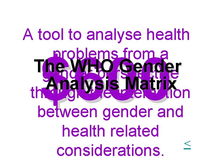 A tool to analyse health problems from a The WHO Gender gender perspective Analysis A tool to analyse health problems from a The WHO Gender gender perspective Analysis