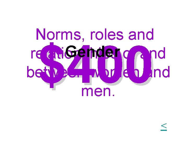 Norms, roles and Gender of and relationships between women and men. $400 < Norms, roles and Gender of and relationships between women and men. $400 <