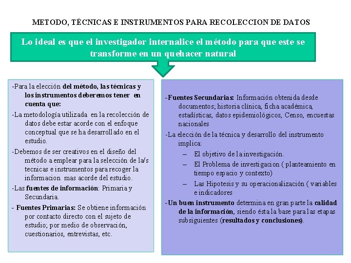 METODO, TÉCNICAS E INSTRUMENTOS PARA RECOLECCION DE DATOS Lo ideal es que el investigador