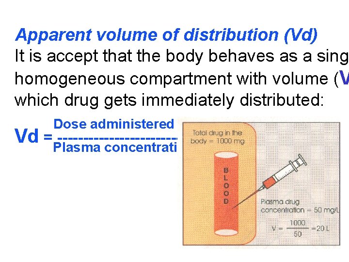 Apparent volume of distribution (Vd) It is accept that the body behaves as a