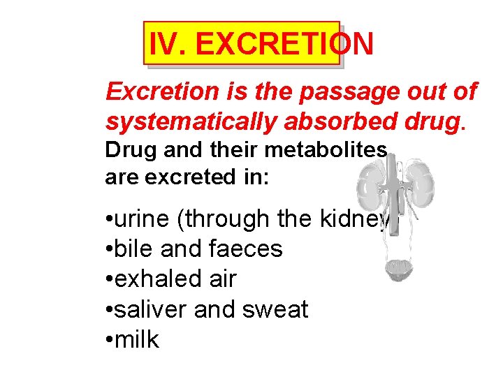IV. EXCRETION Excretion is the passage out of systematically absorbed drug. Drug and their IV. EXCRETION Excretion is the passage out of systematically absorbed drug. Drug and their