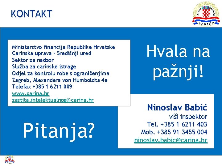 KONTAKT Ministarstvo financija Republike Hrvatske Carinska uprava – Središnji ured Sektor za nadzor Služba