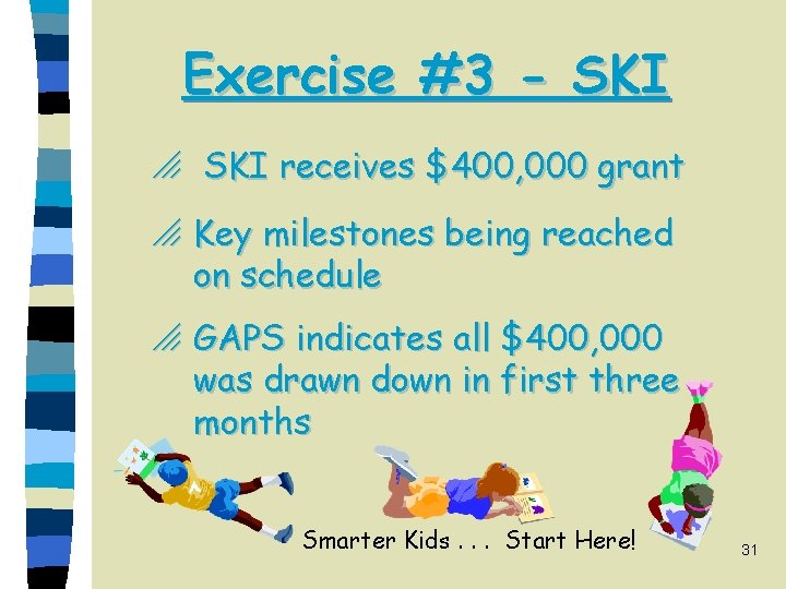 Exercise #3 - SKI o SKI receives $400, 000 grant o Key milestones being