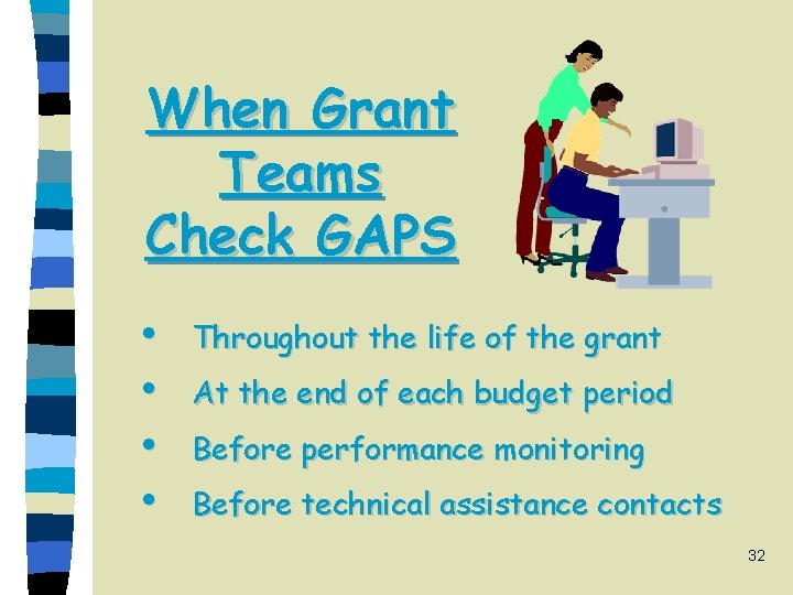 When Grant Teams Check GAPS i Throughout the life of the grant i At